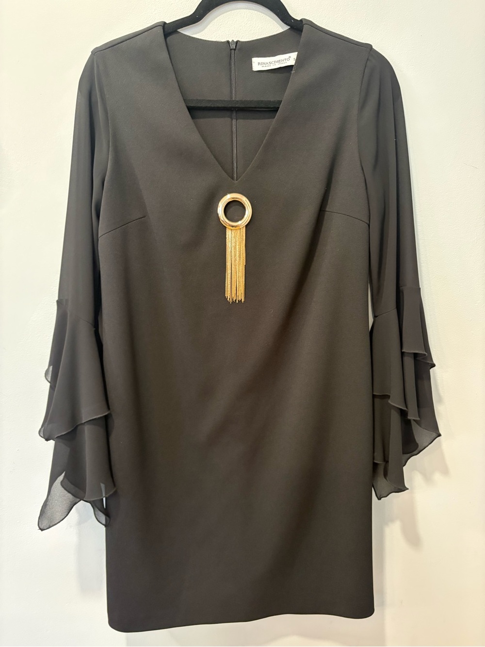 Rinascimento Black V-Neck Ruffle Sleeve Dress with Gold Accent